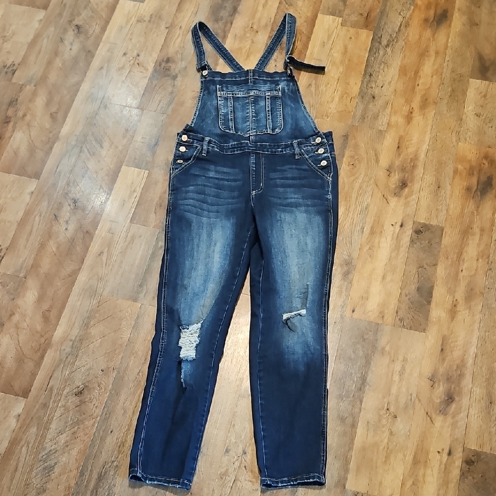 👖KanCan Dark Blue Distressed Denim Overalls